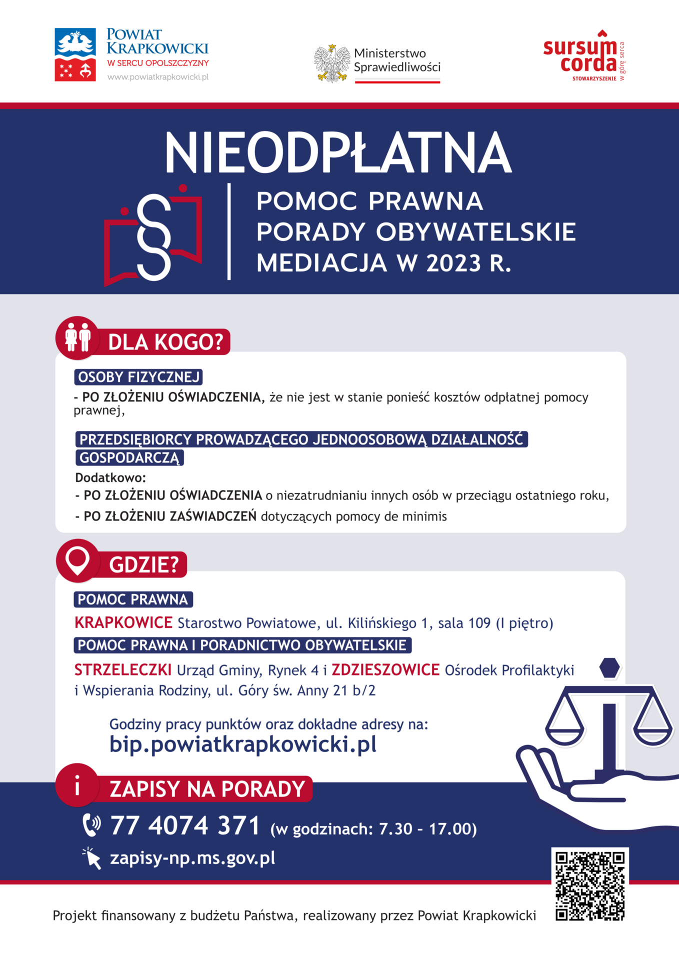 Plakat – nieodpłatna pomoc prawna w powiecie krapkowickim