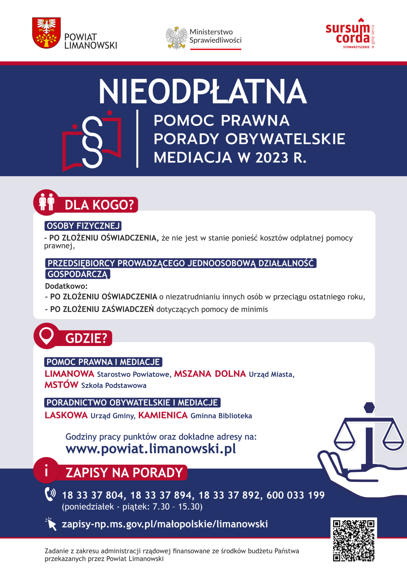 Plakat – nieodpłatna pomoc prawna w powiecie limanowskim