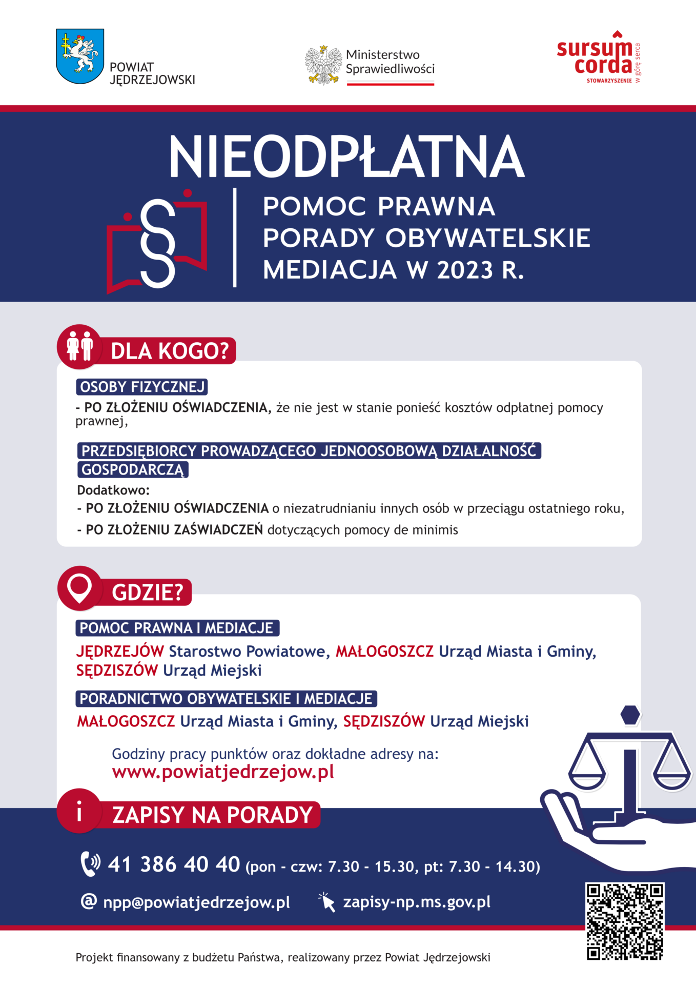 Plakat - nieodpłatna pomoc prawna w powiecie jędrzejowskim