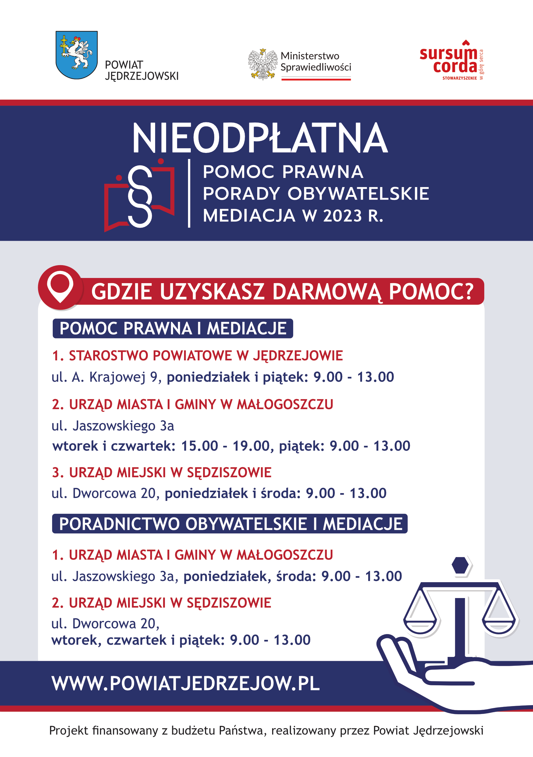 Plakat - nieodpłatna pomoc prawna w powiecie jędrzejowskim